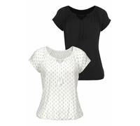 Kurzarmshirt VIVANCE "mit leicht gerafftem Ausschnitt", Damen, Gr. 48/50, beige (creme, gemustert, schwarz), Obermaterial: 95% Viskose (LENZING™ ECOVERO™), 5% Elasthan, gemustert, unifarben, bequem no