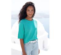 Kurzarmshirt VIVANCE "mit Lochstrickmuster", Damen, Gr. 48/50, blau (türkis), Feinstrick, Obermaterial: 85% Viskose (LENZING™ ECOVERO™), 15% Polyester, unifarben, lässig geschnitten normal, Rundhals, 