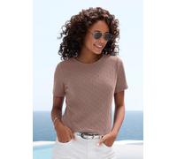 Kurzarmshirt VIVANCE "mit modischem Ajour-Muster", Damen, Gr. 44/46, braun (taupe), Feinstrick, Obermaterial: 60% Baumwolle, 40% Polyester, figurumspielend, Rundhals, Shirts, aus weicher Baumwoll-Qual