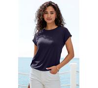 Kurzarmshirt VIVANCE "mit modischem Jacquard-Muster", Damen, Gr. 40/42, blau (navy), Single Jersey, Obermaterial: 63% Polyester, 29% Viskose, 8% Elasthan, unifarben, figurumspielend, Rundhals, Shirts,