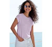 Kurzarmshirt VIVANCE "mit modischem Jacquard-Muster", Damen, Gr. 44/46, lila (flieder), Single Jersey, Obermaterial: 63% Polyester, 29% Viskose, 8% Elasthan, unifarben, figurumspielend, Rundhals, Shir