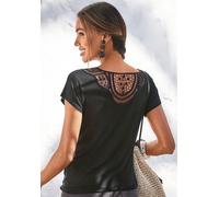 Kurzarmshirt VIVANCE "mit Spitzeneinsatz im Rücken", Damen, Gr. 44/46, schwarz, Single Jersey, Obermaterial: 95% Viskose (LENZING™ ECOVERO™), 5% Elasthan. Spitze: 100% Baumwolle, unifarben, figurumspi