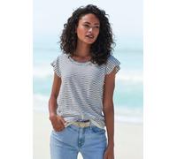 Rundhalsshirt VIVANCE "mit Streifenstruktur", Damen, Gr. 40/42, creme, rauchblau, Feinstrick, Obermaterial: 54% Polyester (REPREVE), 35% Baumwolle, 11% Viskose, gestreift, modisch, normal normal, Rund