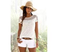Kurzarmshirt VIVANCE "mit weicher Häkelspitze", Damen, Gr. 32/34, beige (creme), Obermaterial: 90% Polyester (REPREVE), 10% Leinen. Spitze: 100% Baumwolle, meliert, bequem normal, tiefer Rundhals, Shi