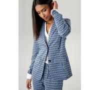 Kurzblazer ANISTON SELECTED, Damen, Gr. 46, blau (blau, schwarz, sanftes weiß), Jersey, Obermaterial: 74% Polyester, 22% Viskose, 4% Elasthan, Jacquardmuster, gemustert, figurbetont hüftlang, Blazer K