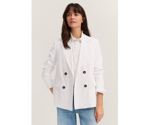 Kurzblazer BUGATTI, Damen, Gr. 38, weiß (10, weiß), Sweatware, 51% Leinen, 30% Polyester, 16% Viskose, 3% Elasthan, unifarben, regular fit, Blazer Kurzblazer, aus Leinenmischung mit Reverskragen (7009