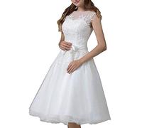 Kurze Brautkleider Spitze Vintage A-Linie Hochzeitskleider Standesamt Wadenlang Cocktailkleider Partykleider Weiß 46