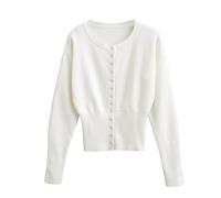 BTFONIA Kurze Damen-Pullover, Knopfleiste, Lange Ärmel, V-Ausschnitt, Gerippter Strick, Slim-Fit-Pullover, bauchfreie Tops(White,M)