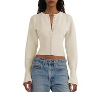 Kurze Damen-Pullover Knopfleiste Lange Ärmel V-Ausschnitt Gerippter Strick Slim-Fit-Pullover bauchfreie Tops(Apricot,M)