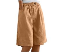 Kurze Hose Damen Einfarbig Musselin Sommer Shorts Lässige Elastische Hohe Taille Hosen Knielang Leinenhose Baumwolle Leinen Kurz Strandshorts Vintage Stoffhose mit Taschen Freizeithose Discounter