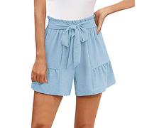 Kurze Hose Damen, Shorts Damen Sommer High Waist Einfarbig Baggy Weite Leg Kurze Sommerhose mit Schleife Gürtel Bermuda Freizeitshorts Hotpants Casual Loose Stoffhose Strandshorts
