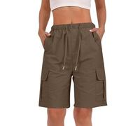 Kurze Hose Damen Sommer Cargo Shorts mit Kordelzug, Bermuda Hohe Taille Elastischer Bund, Leichte Bequeme Freizeitshorts mit Taschen, Outdoor Wandershorts Cargohose Kurz,Kaffee,M
