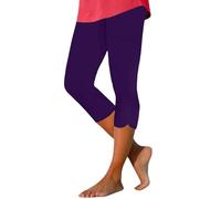 Kurze Hose, kurze Leggings für Damen, legere Stretch-Caprihose, elastische Taille, Wandershorts, Yogahose, bequeme Jogginghose, einfarbig, 3/4-Hose, violett, L
