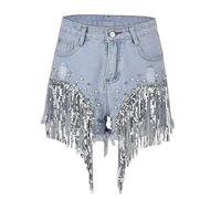 Kurze Hosen Damen Sommer Jeans Übergroße Quaste Elastische High Waist Jeans Shorts Mit Fransen Vintage Denim Biker Jeansshorts
