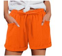 Kurze Hosen Damen Sommer Lässige Einfarbige Elastische Taillen Sportshorts Mit Tasche Mode Freizeit Stoffhose Leichte Locker Shorts Strandshort Mit Kordelzug Orange L