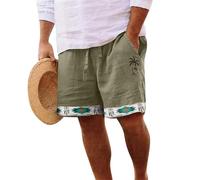 Kurze Hosen Herren Leinen Short Hosen Retro Ethno Druck Hosen Elastische Taille Mit Kordelzug Lockere Passform Kurze Hosen Mit Taschen Loose Bermuda Sport Shorts Freizeithose(#F Army Green,3XL)