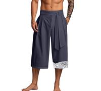 Kurze Japanische Komforthose, Japanische Hose Taro Herren Japanese Pants Traditionelle Leinen Japan Komforthose Baggy 7/8 Hosen Kimono Gerades Bein Leinenhose Kordelzug Sommerhose Große Größe Dunkelbl