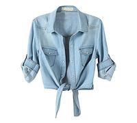 Kurze Jeansjacke Damen Elegant Zum Kleid: Jeanshemd Damen 3/4 Arm Jeansbluse Sommer Hemdbluse Button-Down Shirt Blau Jean-Oberteile Elegant Bolero Jacke Herbst Sommer Übergangsjacke/Schulterjacke