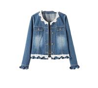 Kurze Jeansjacke Für Damen - Vielseitige, Kreative Spitzen-Wellenkanten-Saummanschetten, Einreihige Jeansjacke In Waschung, Retro-Jeansjacke Mit Rundhalsausschnitt Und Taschen Für Urlaubskleidun