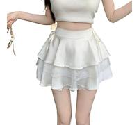 Kurze Röcke Für Damen - Rüschen Minirock Sommermode Süße Spitze Stickerei Patchwork All-Match Temperament A-Linie Faltenrock Kleid,Weiß,S