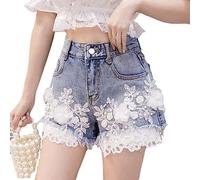 Kurze Sporthose Damen,Damen-Jeansshorts, Florale Spitze, Quastensaum, Quasten, Denim-Hosen, Kurze, Mittlere Taille, Heiße Hosen, Sommer, Dehnbare Jeans-Shorts, Vintage, Lässig, Gewaschene Denim-Shor