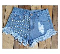Kurze Sporthose Damen,Damen-Jeansshorts Nieten Zerrissen Roh Ausgefranst Quastensaum Denim-Hosen Kurze Hotpants Sommer Dehnbare Jeans-Shorts Vintage Lässig Gewaschene Denim-Shorts Mit Patchwork-Tasc