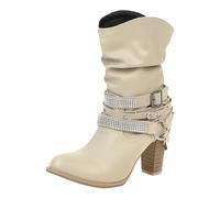 Kurze Stiefel Europäische amerikanische Thick High Heel Gürtelschnalle Damen Kurze Stiefel (Beige, 42)