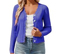 Kurze Strickjacke Damen, Strickjacke Damen Kurz V Ausschnitt Trachtenjacke Mit Knöpfen Dirndl Jacke Einfarbig Cardigan Leichte Übergangsjacke Sommer Bolero Elegante Kurzjacke Casual Dünnes, Blau, M