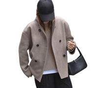Kurzer Damen-Wollmantel, zweireihig, Stehkragen, lässige Oberbekleidung für Herbst und Winter (M, Khaki)