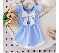 Kurzer Jumpsuit in Babyblau für Kleine Mädchen mit Volantärmeln, Rüschenbesatz und großer Schleife am Rücken, Sommer-Romper für passende Familien-Urla