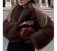 Kurzer Kunstfell-Mantel, Damen Kurze Kunstfell-Jacke für Herbst/Winter, französischer Retro-Mantel in Unifarbe mit Kragen, vielseitiger Vintage-Romant