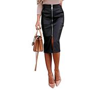 Kurzer Lederrock Damen Faux Lederfrau Röcke vorne Reißverschluss Midi Rock hohe Taille Splitte Lederröcke(Black,L)