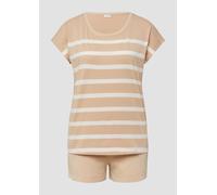 Shorty S.OLIVER, Damen, Gr. 32/34, beige (beige, weiß, gestreift), Single Jersey, Obermaterial: 60% Baumwolle, 40% Polyester, gestreift, unifarben, casual, loose fit kurz, Rundhals, Kurzarm angeschnit