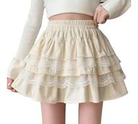 Kurzer Rock Für Damen - Sommer, Einfarbig, Rüschen, Spitze, Damen-Minirock, Kawaii, Kurze Röcke, Süße Kokette, Patchwork, Geschichteter Minirock, Streetwear, Stil 1, XL