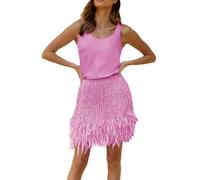Kurzer Rock zweiteiliges Set, einfarbige Weste, kurzer Rock, Damen Quasten Federrock (Pink, XL)