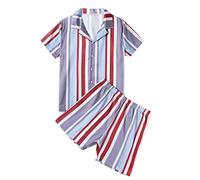 Kurzer Schlafanzug Herren | Pyjama Herren Seide Gestreift Satin Loungewear Kurzarm Pyjama Set Mit Shorts Pyjama-Sets Homewear Sommer Zweiteiliger Mit Knopfleiste Nachtwäsche Set Nachthemd