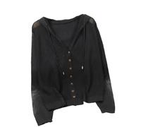 Kurzer Strick-Cardigan für Damen, mit Kapuze, einfarbig, Knopf, dünn, Outdoor-Outwear, Schwarz , L