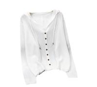 Kurzer Strick-Cardigan für Damen, mit Kapuze, einfarbig, Knopf, dünn, Outdoor-Outwear, weiß, XXL