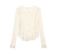 Kurzer Strick-Cardigan für Damen mit Spitzenrüschen, gebrochenes Weiß, L