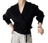 Kurzer Wickelpullover für Damen, Wickelpullover mit Fliege und V-Ausschnitt für Damen, lässiger Wickelpullover mit V-Ausschnitt (One Size,Black)