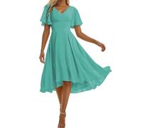 Kurzes Brautjungfernkleid für Damen, hoch/niedrig, formelles Hochzeitskleid mit Ärmeln, V-Ausschnitt, Abendkleid, türkis, 40