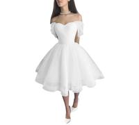 Kurzes Brautkleid aus glitzerndem Tüll für die Braut, schulterfrei, Hochzeitskleider, Puffärmel, Abschlussballkleider, weiß, 40