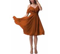Kurzes Chiffon-Kleid für Brautjungfern, Rüschen, Spaghettiträger, kalte Schulter, V-Ausschnitt, Hochzeitsgästekleider für Damen, Zinnoberrot, 42