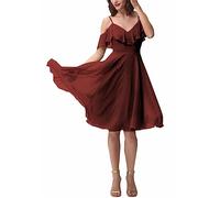 Kurzes Chiffon-Kleid für Brautjungfern, Rüschen, Spaghettiträger, kalte Schulter, V-Ausschnitt, Hochzeitsgästekleider für Damen, burgunderfarben, 42