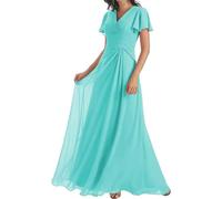 Kurzes Heimkehrkleid mit V-Ausschnitt für Junioren und Teenager, A-Linie, schulterfrei, Abendkleid, Ballkleid, türkis, 32