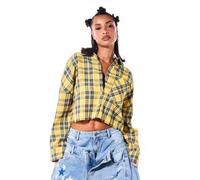 Kurzes kariertes Flanellhemd mit Knopfleiste, Kragen, langen Ärmeln, boxy Fit, rohem Saum, lässiges Oversize-Oberteil für Herbst und Winter