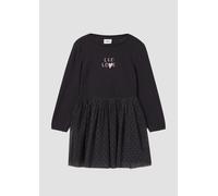 Minikleid S.OLIVER JUNIOR, Mädchen, Gr. 128, N-Gr, schwarz, Web, Obermaterial: 95% Baumwolle, 5% Elasthan, bedruckt, gepunktet, kurz, Rundhals, elastischer Bund, Kleider, mit Mesh-Rock, Fit and Flare