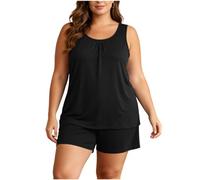Kurzes Pyjama-Set für Damen, breiter U-Ausschnitt, übergroß, locker, ärmellos, Tank-Top, elastische Taille, entspanntes weites Bein, passende Shorts, weicher Stretch, zweiteiliges Schlaf-Outfit