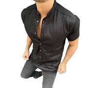 Kurzhemd Herren designer Premium Megaman Hemd Slim-Fit Business Hochzeit Shirt Sommer Hemden Größe S Schwarz