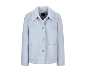 Kurzjacke GOLDNER "Flauschige Winterjacke mit Hemdkragen", Damen, Gr. 40, grau (grau, blau, gemustert), Obermaterial: 63% Polyamid PA. 37% Polyester PES., figurumspielend, Jacken Kurzjacke, Mit farbha